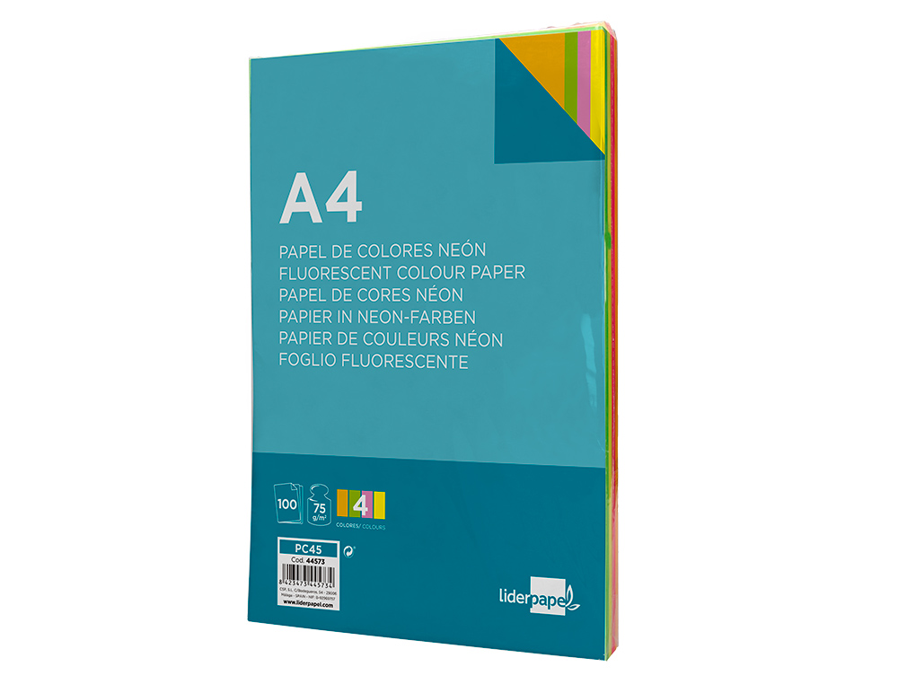 Papel de Cor Liderpapel Din S4 75 gr Pack de 100 Quatro Cores Néon Sortidas ( Imagem 5 de 14 ) - Preview