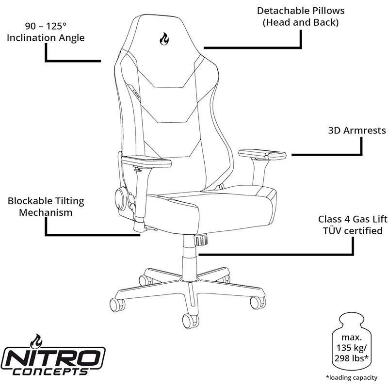 Cadeira Nitro Concepts X1000 Gaming Preta / Branca ( Imagem 3 de 4 ) - Preview