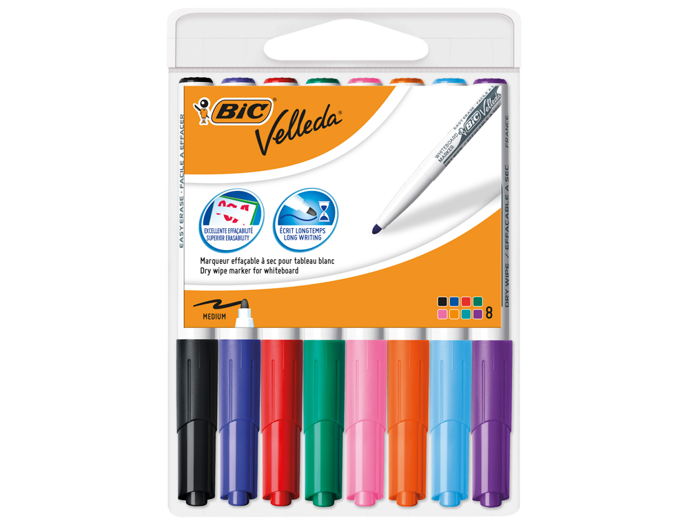 Marcador bic velleda para quadro ponta redonda 2 mm bolsa de 8 unidades cores sortidas ( Imagem 2 de 3 ) - Preview