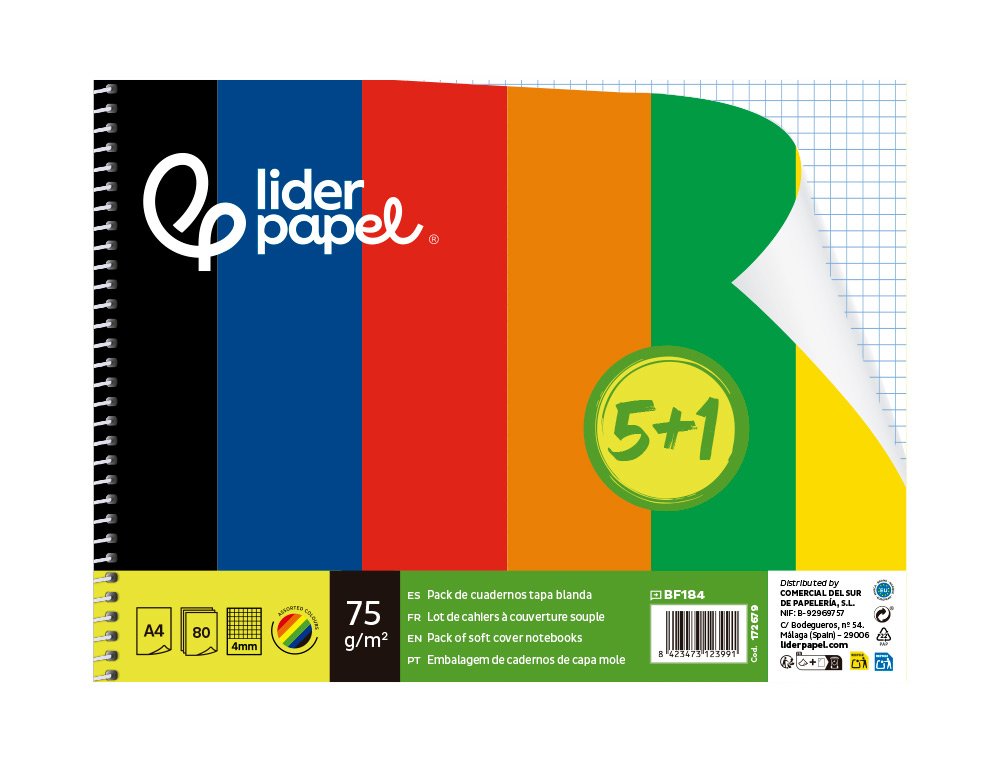 Caderno Espiral Liderpapel  A4 Smart Capa Suave 80 f 75 gr Quadriculado 4mm com Margem Pack 5+1 Cores Sortidas ( Imagem 4 de 9 ) - Preview
