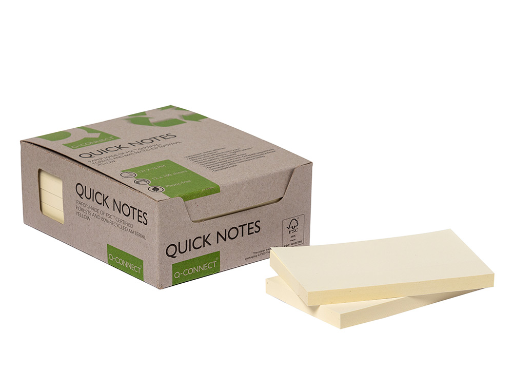 Bloco de notas adesivas q-connect 76x127 mm 100% papel reciclado amarelo caixa de cartao ( Imagem 2 de 8 ) - Preview
