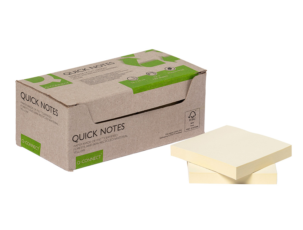 Bloco de notas adesivas q-connect 38x51 mm 100% papel reciclado amarelo caixa de cartao (12 unidades) ( Imagem 2 de 8 ) - Preview