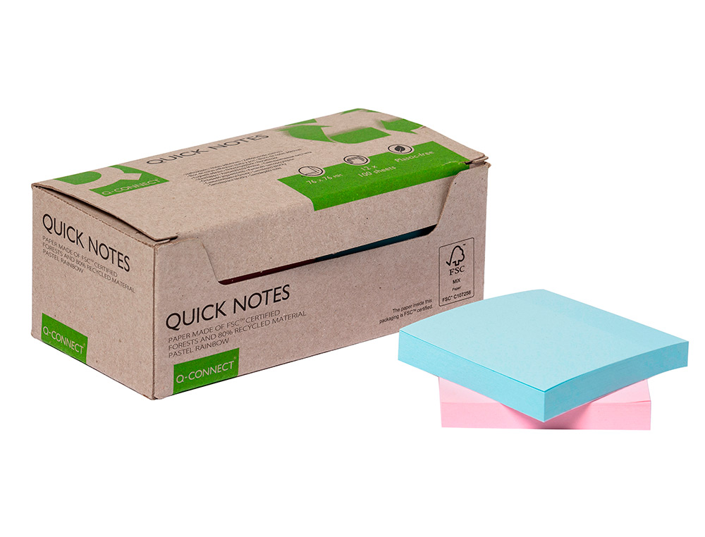 Bloco de notas adesivas q-connect 76x76 mm 100% papel reciclado cores pastel caixa de cartao (12 unidades) ( Imagem 2 de 8 ) - Preview