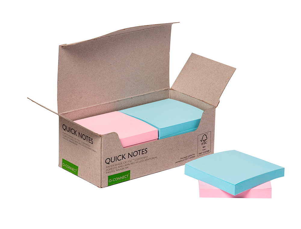 Bloco de notas adesivas q-connect 76x76 mm 100% papel reciclado cores pastel caixa de cartao (12 unidades) ( Imagem 5 de 8 ) - Preview