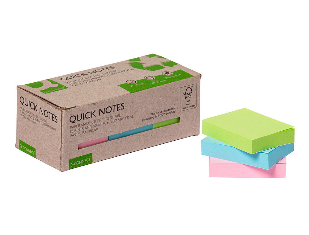 Bloco de notas adesivas q-connect 38x51 mm 100% papel reciclado cores pastel caixa de cartao (12 unidades) ( Imagem 2 de 8 ) - Preview