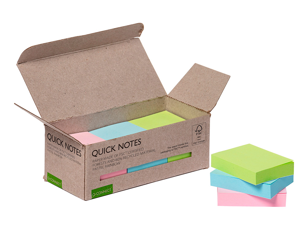 Bloco de notas adesivas q-connect 38x51 mm 100% papel reciclado cores pastel caixa de cartao (12 unidades) ( Imagem 5 de 8 ) - Preview