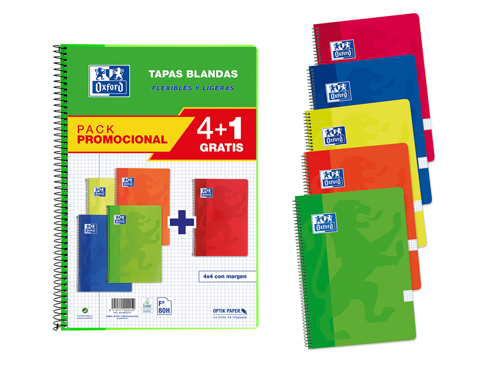 Caderno espiral oxford capa flexivel optik paper folio 80 folhas 90 gr quadricula 4 mm pack de 4 +1 ( Imagem 2 de 3 ) - Preview