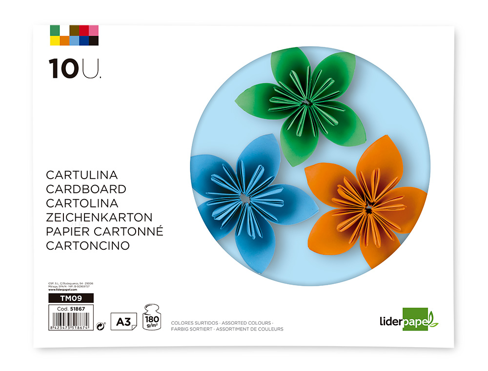 Bloco de trabalhos manuais em cartolina A3 Liderpapel 10 folhas 180g várias cores ( Imagem 4 de 14 ) - Preview