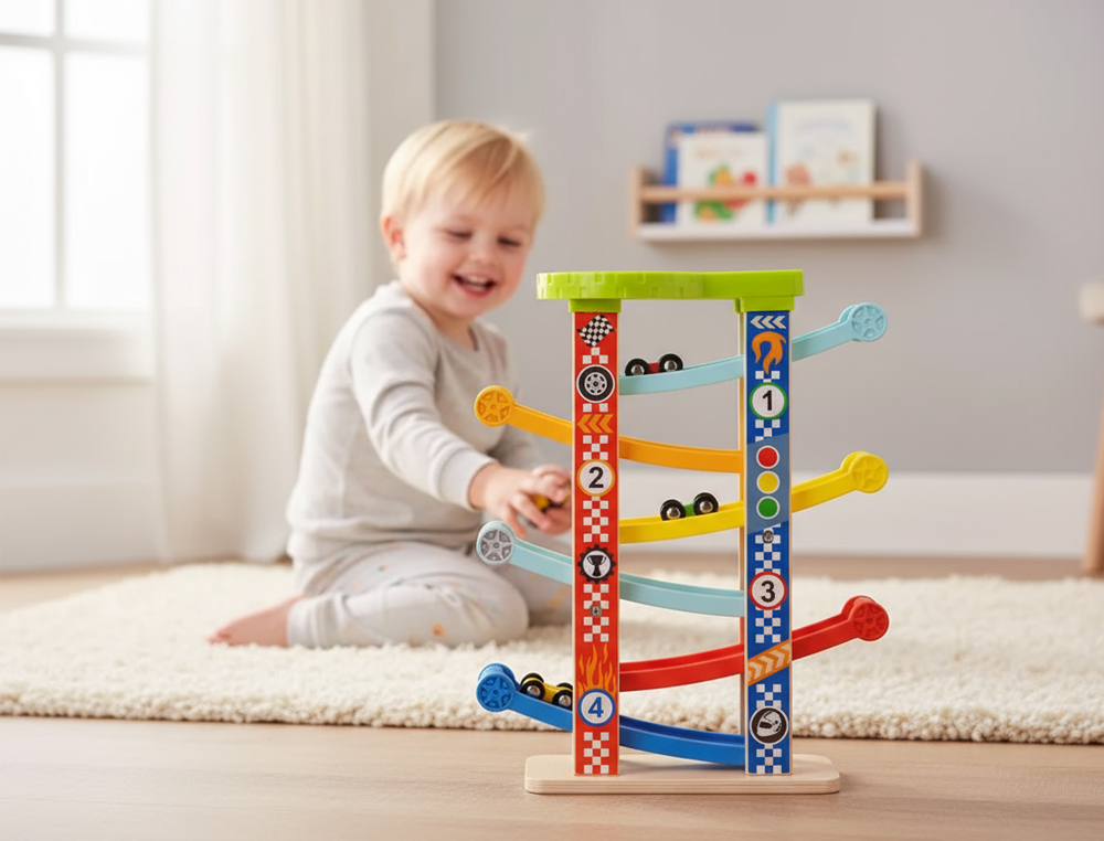 Jogo infantil imaginovo madeira torre de deslizamento com 7 niveis inclui 6 carros +18 meses 38x32x14cm ( Imagem 2 de 4 ) - Preview