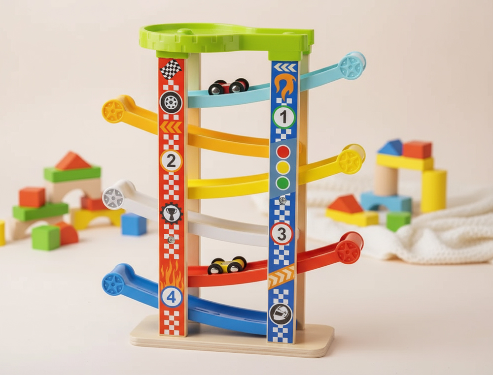 Jogo infantil imaginovo madeira torre de deslizamento com 7 niveis inclui 6 carros +18 meses 38x32x14cm ( Imagem 3 de 4 ) - Preview