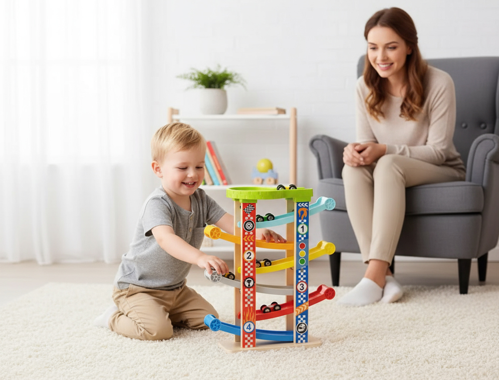 Jogo infantil imaginovo madeira torre de deslizamento com 7 niveis inclui 6 carros +18 meses 38x32x14cm ( Imagem 4 de 4 ) - Preview
