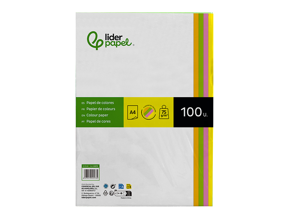 Papel de Cor Liderpapel Din S4 75 gr Pack de 100 Quatro Cores Néon Sortidas ( Imagem 3 de 14 ) - Preview