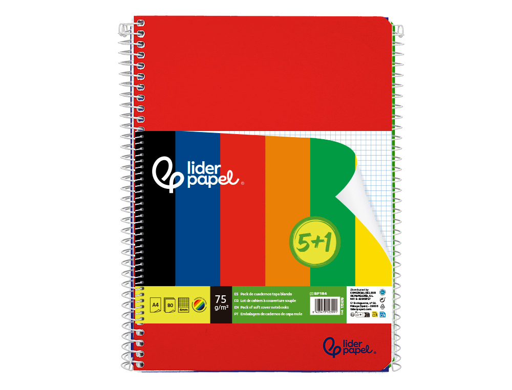 Caderno Espiral Liderpapel  A4 Smart Capa Suave 80 f 75 gr Quadriculado 4mm com Margem Pack 5+1 Cores Sortidas ( Imagem 2 de 9 ) - Preview