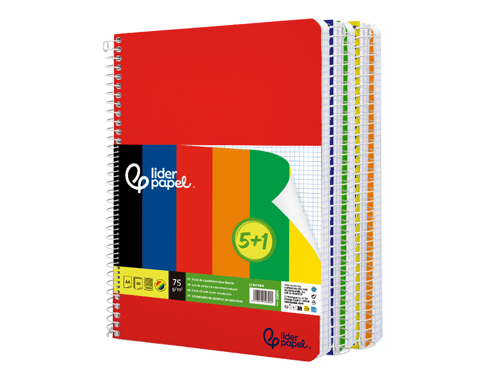 Caderno Espiral Liderpapel  A4 Smart Capa Suave 80 f 75 gr Quadriculado 4mm com Margem Pack 5+1 Cores Sortidas ( Imagem 5 de 9 ) - Preview