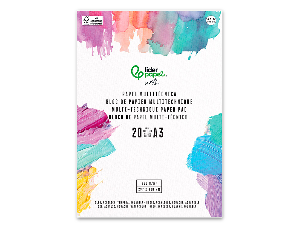 Bloco Papel Multitécnicas Liderpapel A3 para Acrilico, Óleo e Guache - 20 folhas gramagem 260g/m2 ( Imagem 2 de 4 ) - Preview