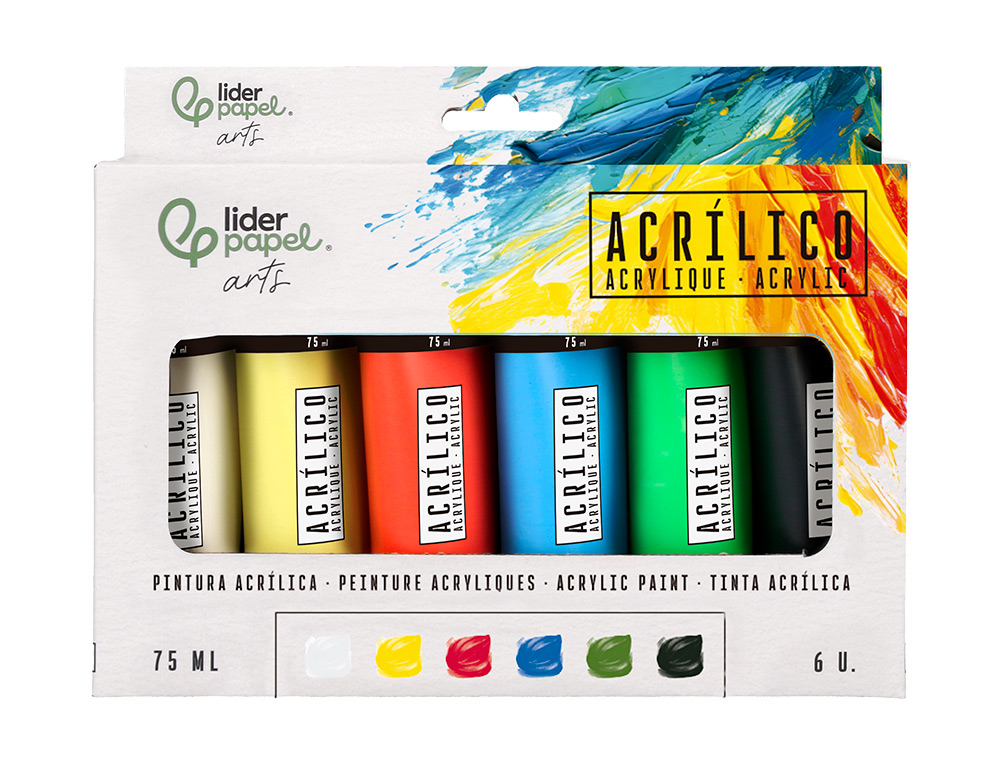 Pintura Acrilica Liderpapel Caixa com 6 tubos de plastico de 75 ml cores básicas ( Imagem 2 de 9 ) - Preview