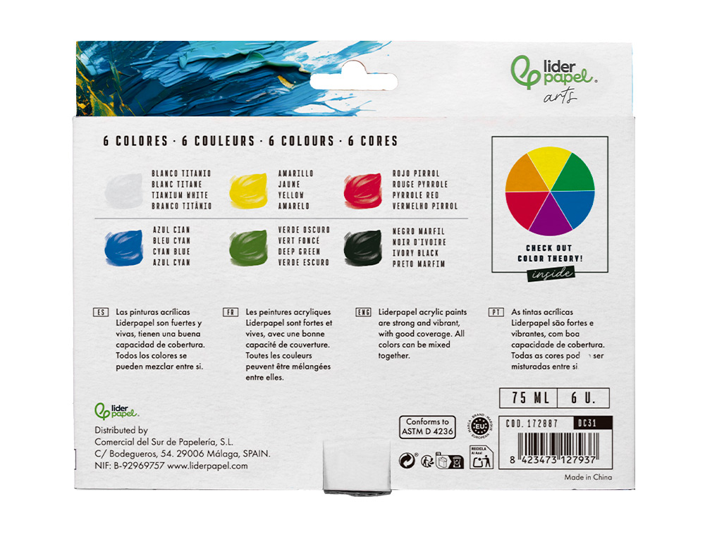 Pintura Acrilica Liderpapel Caixa com 6 tubos de plastico de 75 ml cores básicas ( Imagem 3 de 9 ) - Preview
