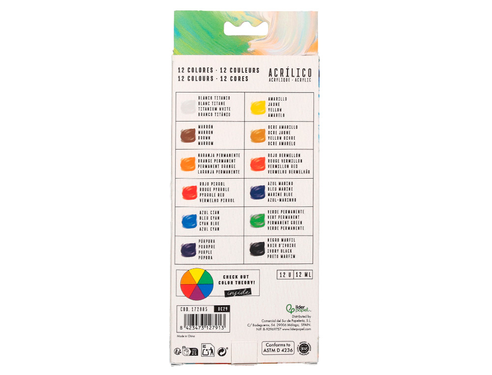 Tinta Acrilica Liderpapel caixa de 12 tubos de aluminio de 12 ml cores sortidas ( Imagem 3 de 8 ) - Preview