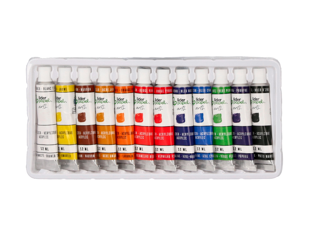 Tinta Acrilica Liderpapel caixa de 12 tubos de aluminio de 12 ml cores sortidas ( Imagem 4 de 8 ) - Preview