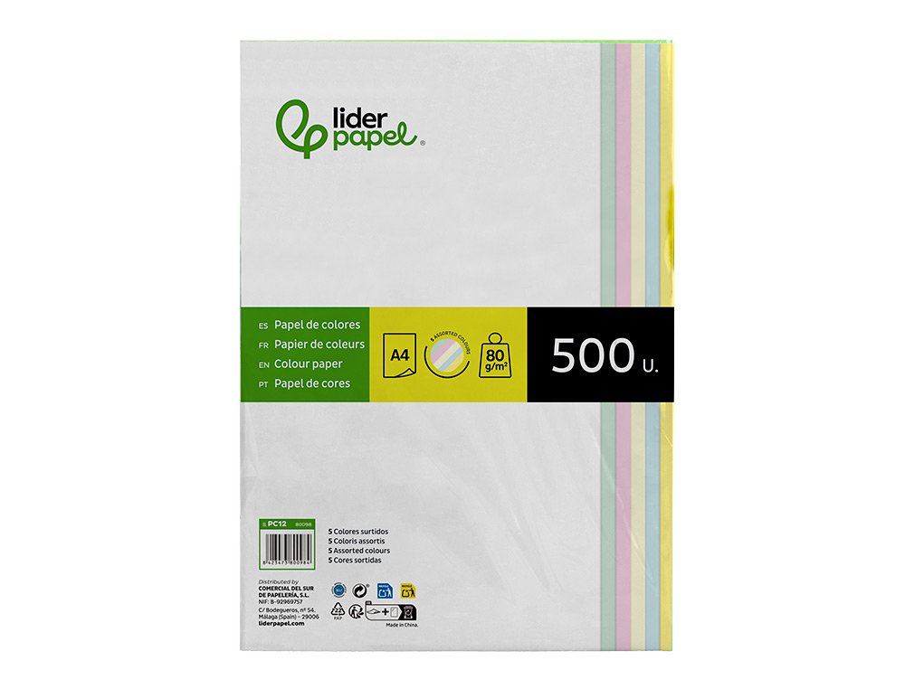 Papel de Cor Liderpapel Din A4 80 gr Pack de 500, 100 Folhas por Cores Sortidas ( Imagem 2 de 9 ) - Preview