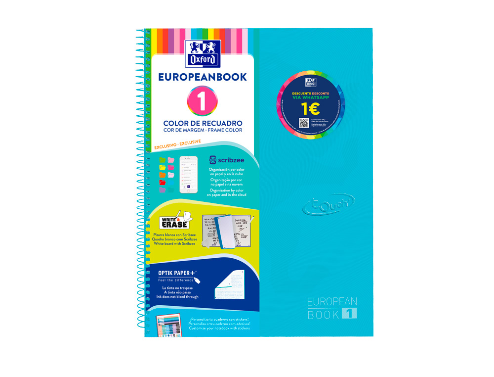 Caderno A4 Capa Dura Espiral Oxford European 1 Touch Quadriculado Azul Pastel 80Fl 90G 400107010 ( Imagem 2 de 8 ) - Preview
