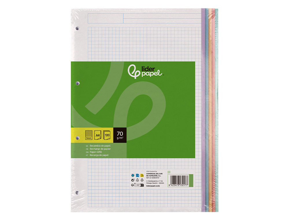 Recarga liderpapel din a5 120+20 f quadriculado 5 mm 6 furos sem margem bandas 5 cores papel 70 gr ( Imagem 2 de 11 ) - Preview