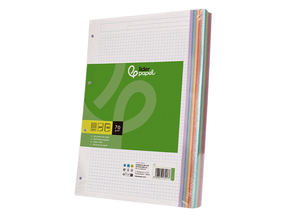 Recarga liderpapel din a5 120+20 f quadriculado 5 mm 6 furos sem margem bandas 5 cores papel 70 gr ( Imagem 4 de 11 ) - Preview
