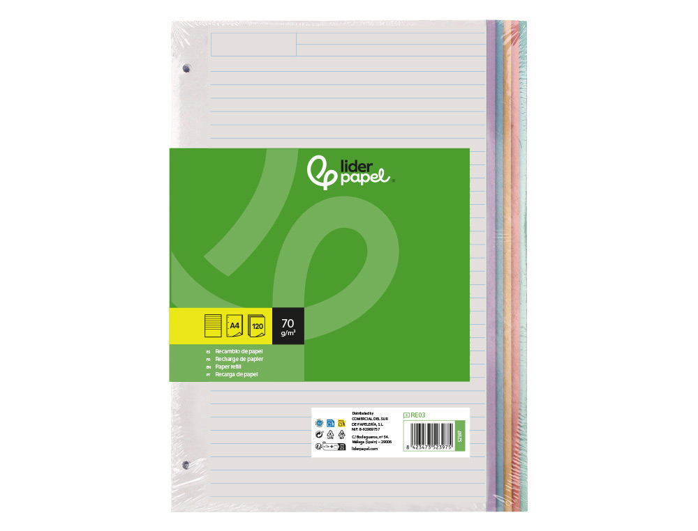 Recarga Liderpapel Din.A4 120+20 Folhas - Pautado, 4 Furos, Sem Margem, Bandas 5 Cores, Papel 70gr ( Imagem 2 de 6 ) - Preview