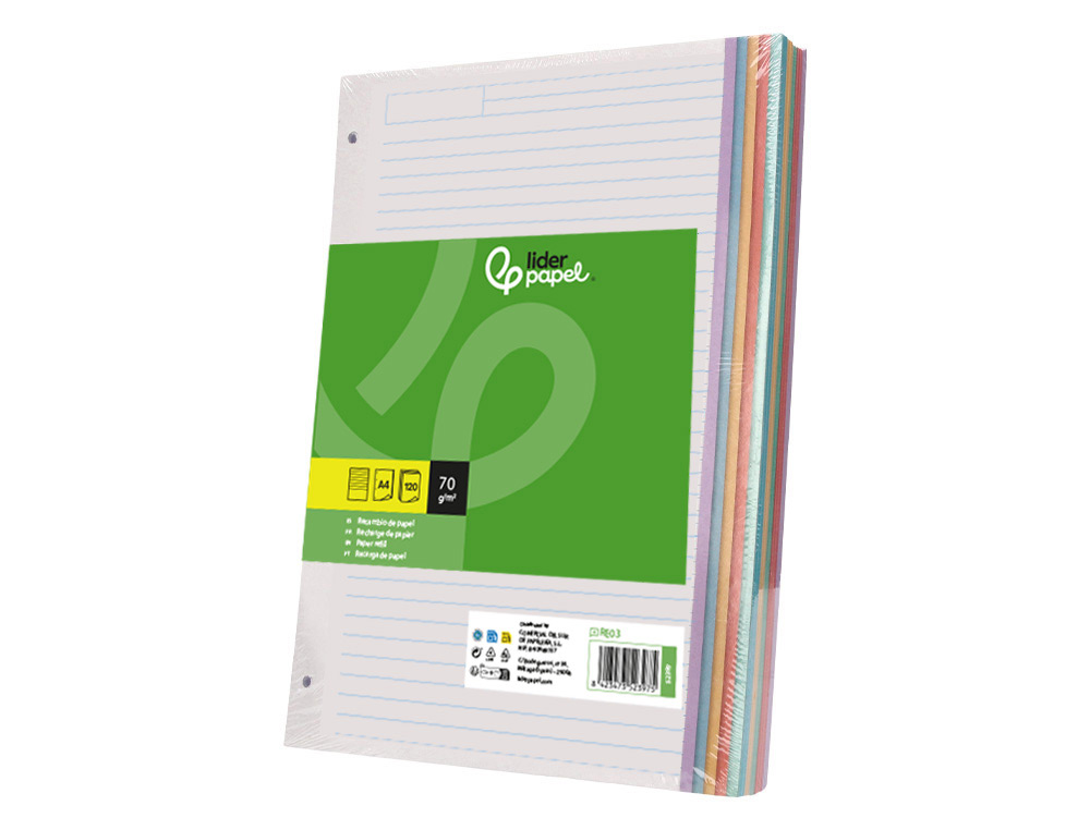 Recarga Liderpapel Din.A4 120+20 Folhas - Pautado, 4 Furos, Sem Margem, Bandas 5 Cores, Papel 70gr ( Imagem 4 de 6 ) - Preview