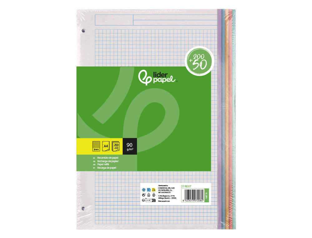 Recarga liderpapel a4 200+50 folhas 90 gr quadricula 5 mm 4 furos bandas de 5 cores ( Imagem 2 de 15 ) - Preview