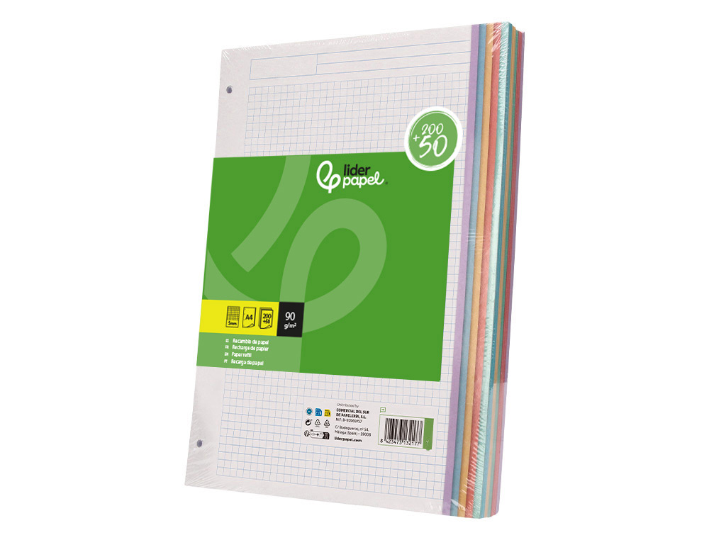 Recarga liderpapel a4 200+50 folhas 90 gr quadricula 5 mm 4 furos bandas de 5 cores ( Imagem 5 de 15 ) - Preview