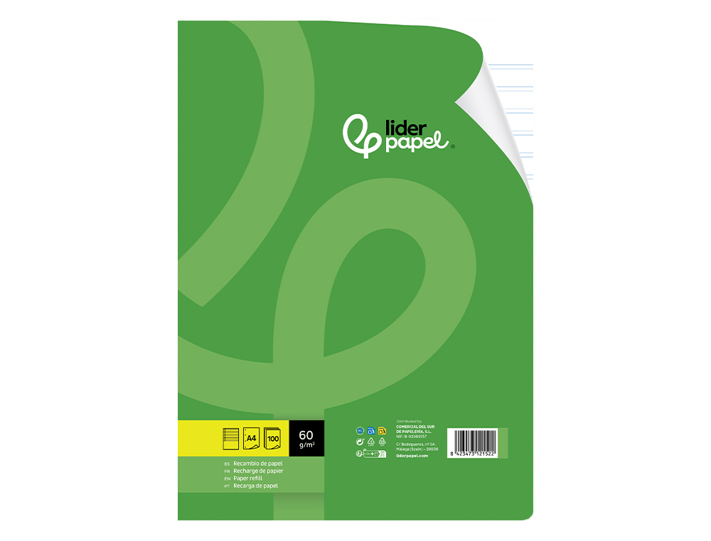 Recarga liderpapel folio 100 f 4tf-03 2 rayas pauta estrecha 4 furos com margem ( Imagem 5 de 19 ) - Preview