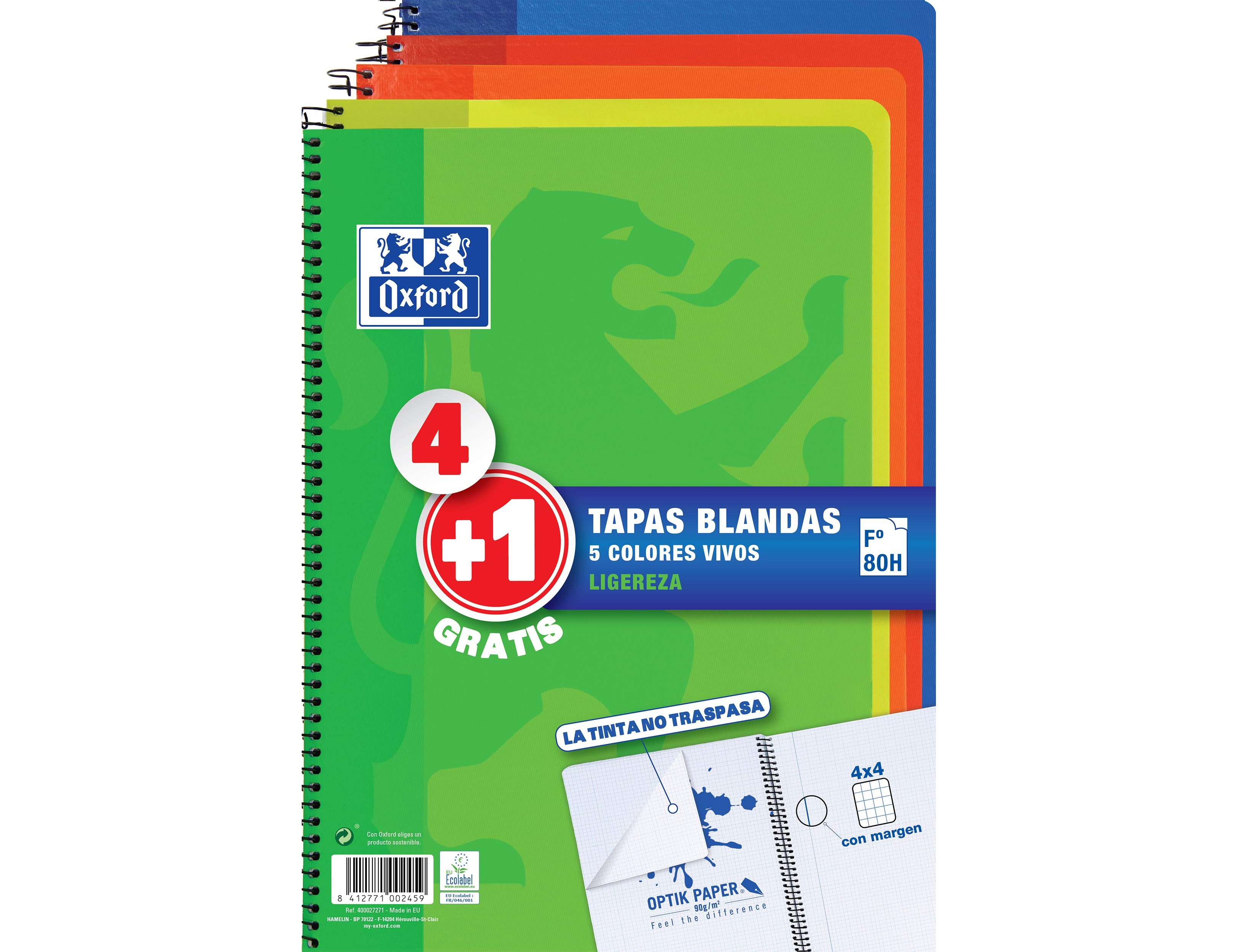 Caderno espiral oxford capa flexivel optik paper folio 80 folhas 90 gr quadricula 4 mm pack de 4 +1 ( Imagem 3 de 3 ) - Preview