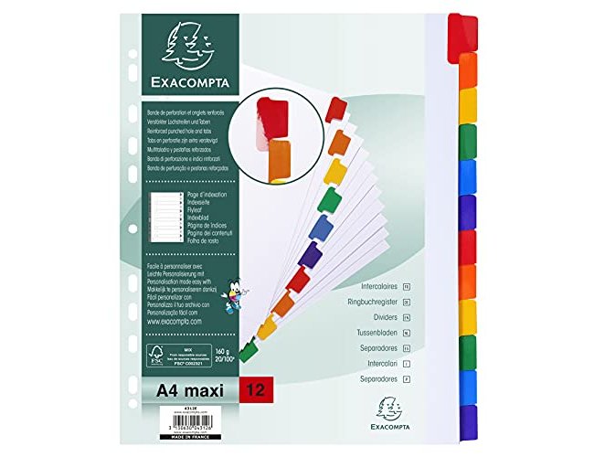 Separador exacompta cartolina branco conjunto de 12 separadores pestanas coloridas a4+ multiperfurado ( Imagem 3 de 6 ) - Preview