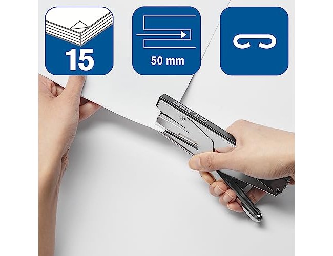 E10 lever-operated quick stapler, chrome/black, 15-sheet capacity, uses #10 staples. ( Imagem 4 de 6 ) - Preview