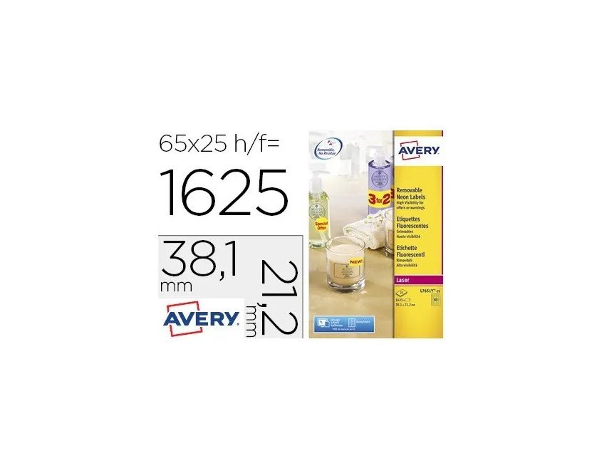 Etiqueta adesiva avery tamanho 38,1x21,2 mm removivel amarela fluorescente caixa de 1625 unidades ( Imagem 3 de 3 ) - Preview
