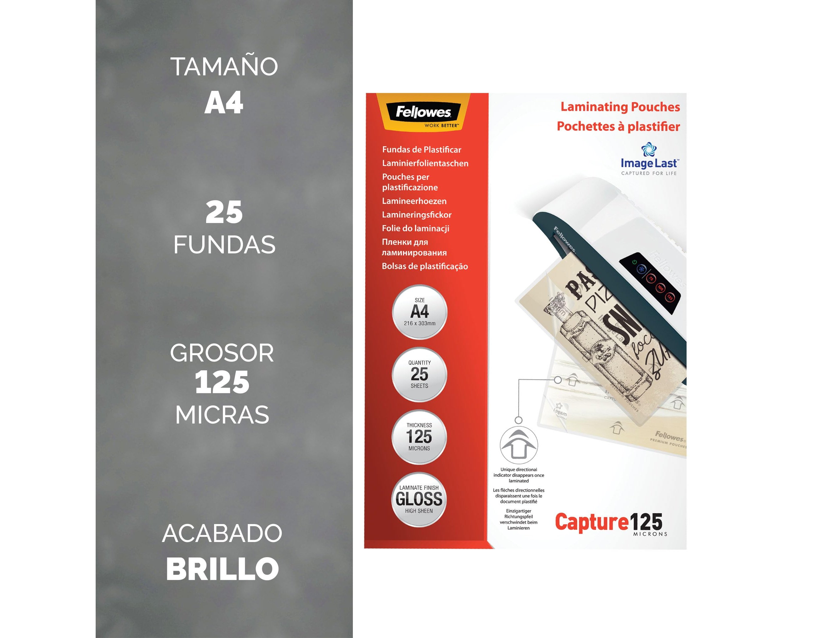 Bolsa de plastificar fellowes brilho din a4 125 microns pack de 25 unidades ( Imagem 4 de 11 ) - Preview