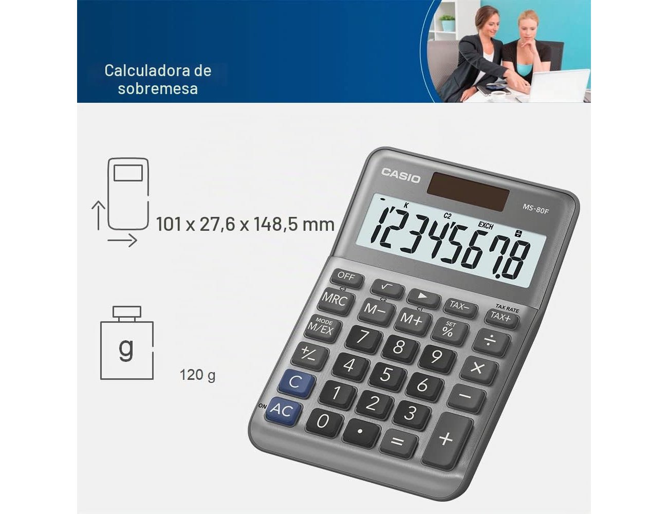 Calculadora casio ms-80f de secretaria 8 digitos tax +/- cor prata ( Imagem 4 de 7 ) - Preview