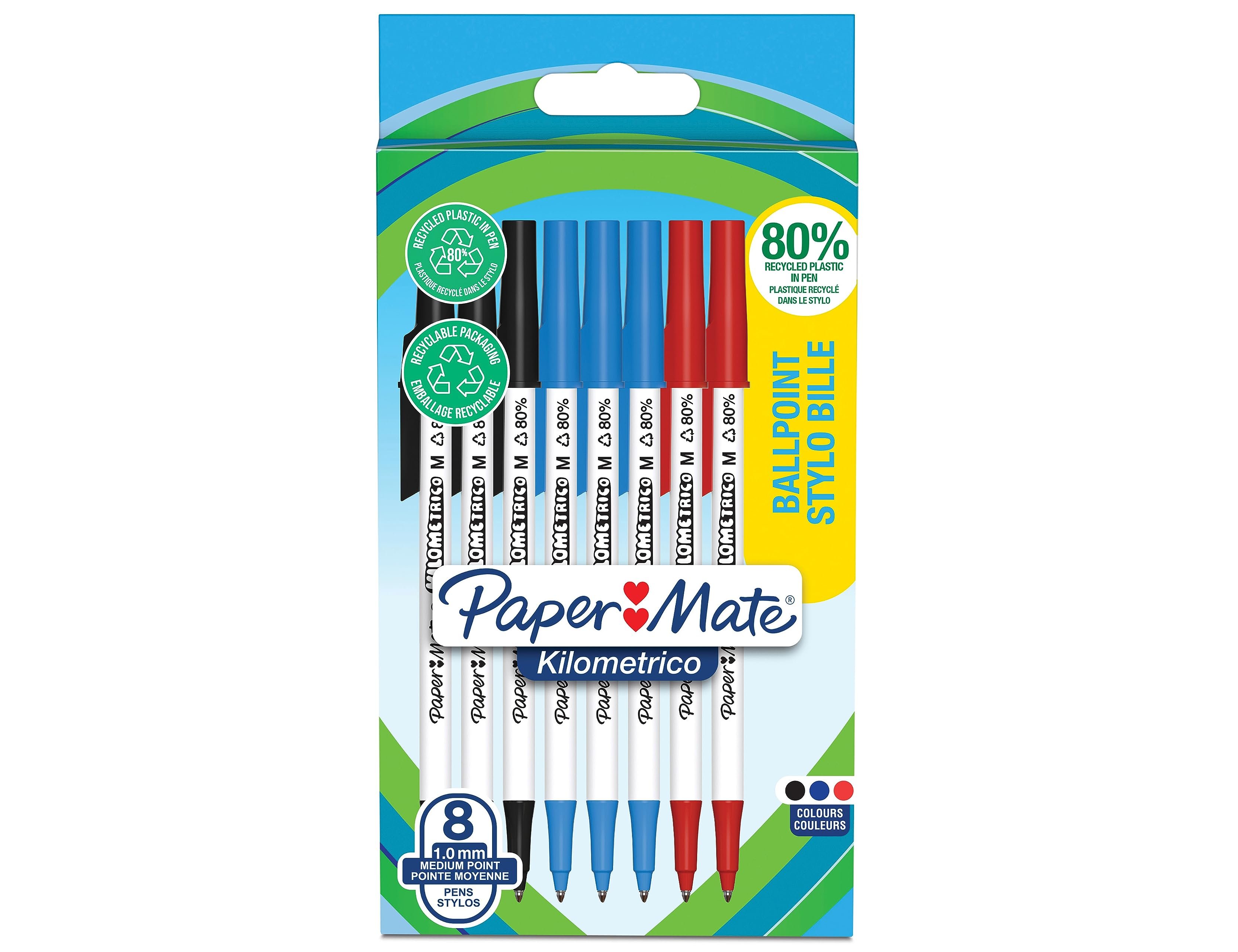 Esferografica paper mate kilometrica ponta 1 mm plastico reciclado 80% blister de 3 pretas / 3 azuis / 2 vermelhas ( Imagem 3 de 9 ) - Preview