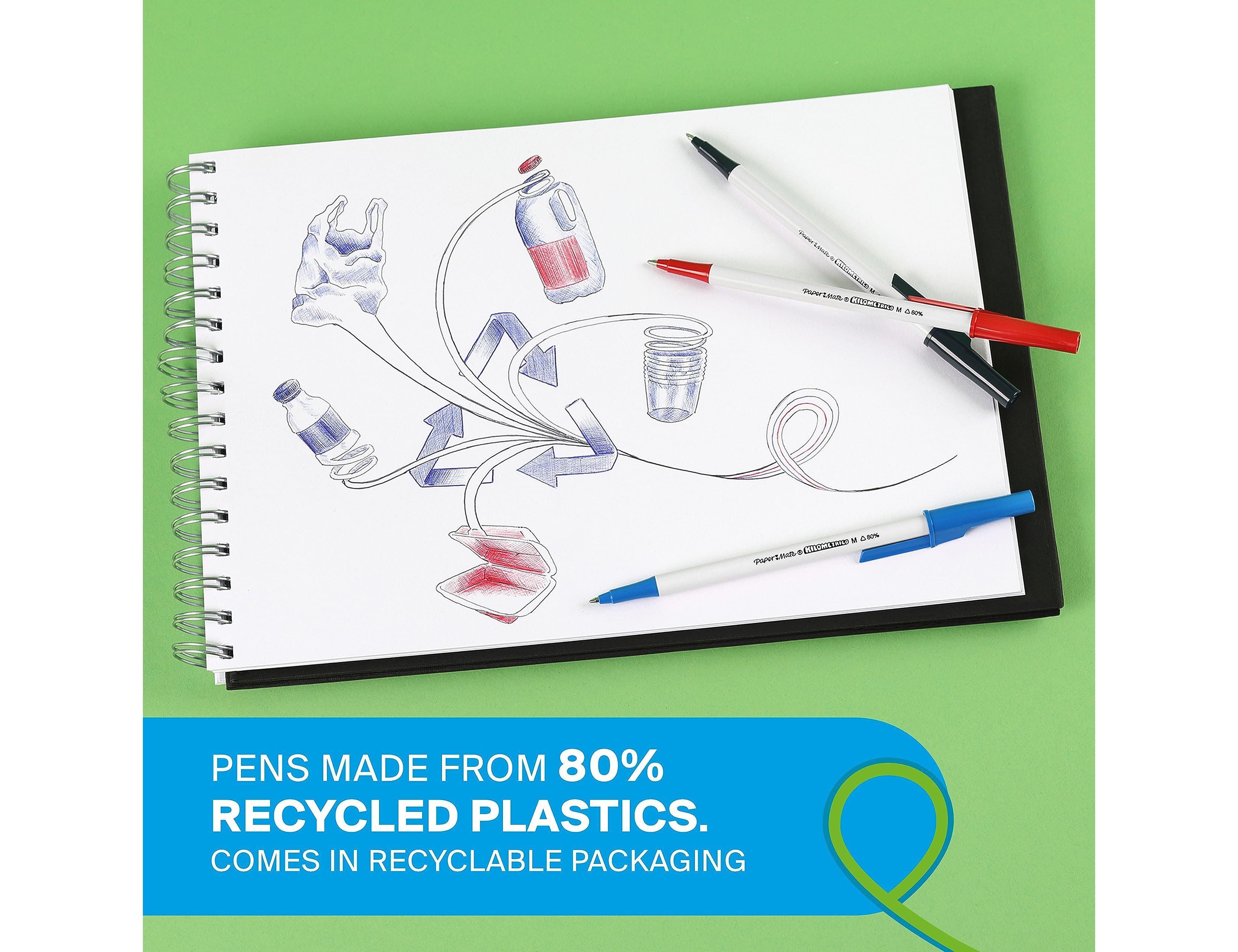 Esferografica paper mate kilometrica ponta 1 mm plastico reciclado 80% blister de 3 pretas / 3 azuis / 2 vermelhas ( Imagem 5 de 9 ) - Preview