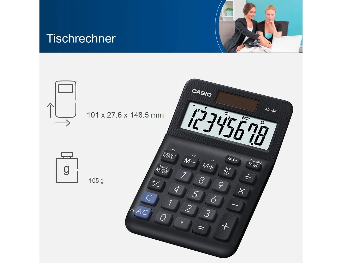 Calculadora casio ms-8f de secretaria 8 digitos tax +/- cor preto ( Imagem 4 de 5 ) - Preview